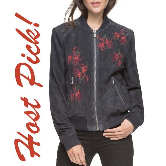 Andrew Marc CHANEL Embroidered Suede Leather Jacket Bomber NEW Navy Women's 🎉HP